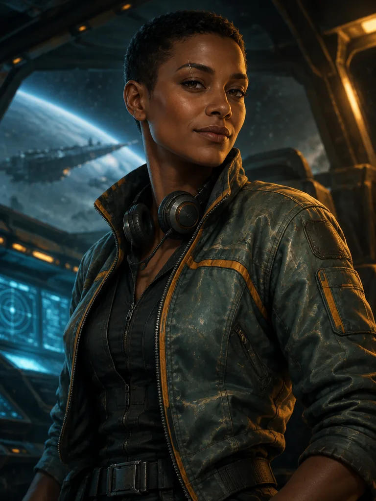 Sabel Okoro, pilot berkulit gelap dengan rambut cepak dan jaket terbang hijau patina, tersenyum tipis di kokpit.