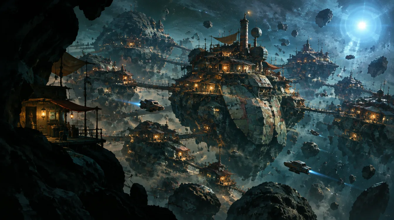 Permukiman Orrin's Drift di sabuk asteroid, rumah-rumah berlentera disambung jembatan tali dan pipa.